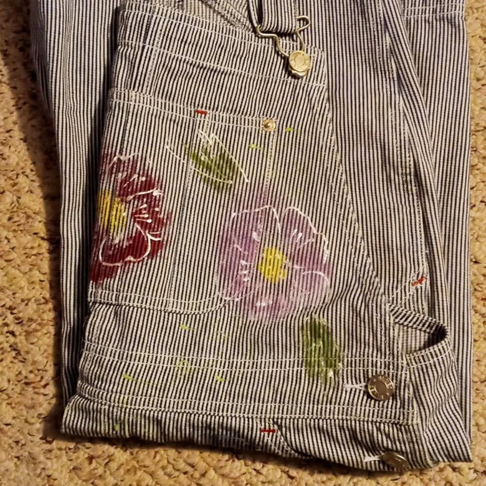 SOLD!! - Vintage Artsy Painted Baccini Denim Jean Shortalls Shorts Overalls Sz L - Picture 3 of 16